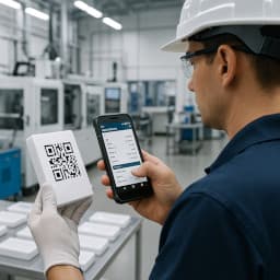 Factory worker checking equipment information on a phone