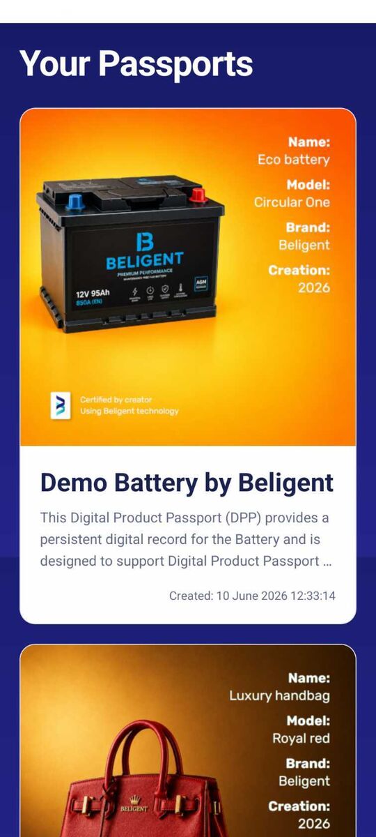 Digital Product Passports listed in the Beligent Scanner